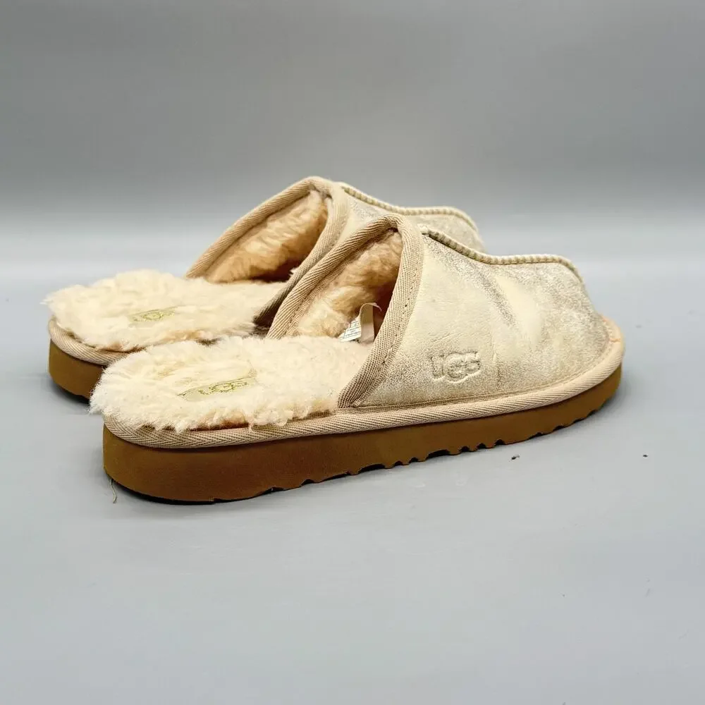 UGG Slippers Kids 2 Beige Suede Keegan Shearling Lined Slip On Mule Cozy Shoes
